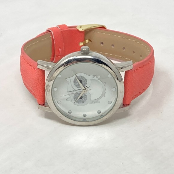 Accutime Owl Watch Women 35mm Silver Tone Coral Faux Leather Glitter New Battery - Picture 10 of 16